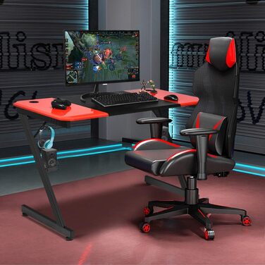 Подібний ігровий стіл COSTWAY, комп'ютерний стіл, стіл для ПК з підсклянником, гачок для навушників і підставка для динаміка, стіл для дому чи офісу, 120 x 60 x 77 см, червоний і чорний