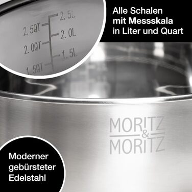 Миска для перемішування Moritz & Moritz 5er з кришкою - 0,6-4,5л - нержавіюча сталь з антиковзкими ніжками без BPA - Складна салатниця з кришкою та 3 насадкою-терткою - придатна для миття в посудомийній машині