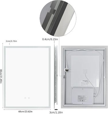 Дзеркало для ванної кімнати LUVODI з підсвічуванням 40x50 см: регульоване LED дзеркало з 3 кольорами світла, сенсорне керування, антизапарник, водонепроникне, настінне, горизонтальне/вертикальне встановлення (80x60 см)