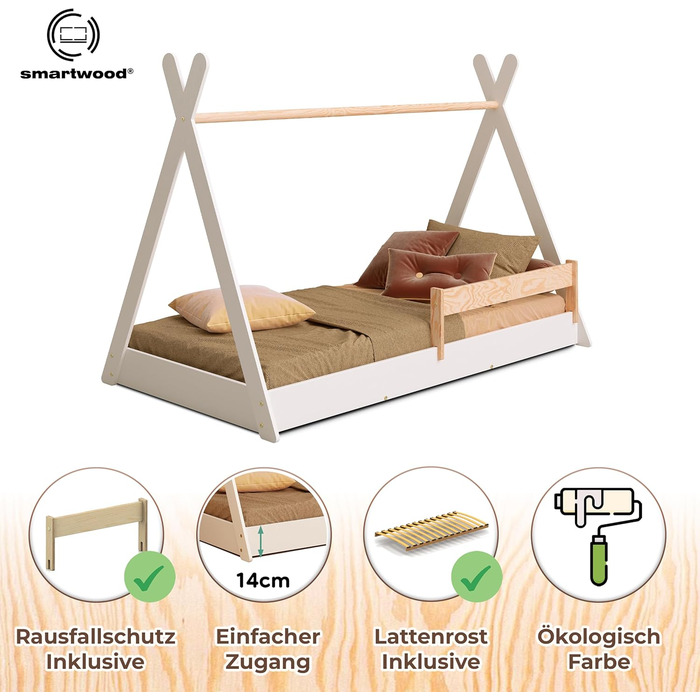 Дерев'яне ліжко-дитяча кімната Smartwood Hausbett: Монтессорі Тіпі з сосни з сертифікатом FSC, захист від падіння та ламелі до 230 кг, для хлопчиків та дівчаток, проста збірка (70x140, білий)