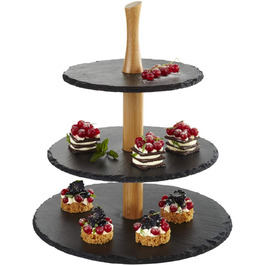 Багатоярусна підставка для торта, шиферні стільниці, Ø 30 см, Ø 25 см, Ø 20 см, висота 34 см, підставка для торта з дерева акації 3 сходинки - кругла, 3-