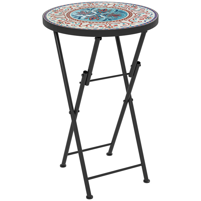 Outsunny Side Table Складаний садовий стіл з мозаїчним дизайном, Ø35.5 x 55 см Круглий атмосферостійкий металевий балконний стіл, Кемпінговий стіл Розкладний стіл Журнальний столик для вітальні, офіс, Відкритий Внутрішній, Багатокольоровий