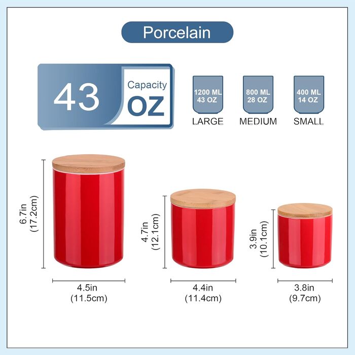 Набір банок для зберігання LOVECASA, порцеляна з герметичною бамбуковою кришкою, крейдяні написи, набір з 3 шт. (червоний)
