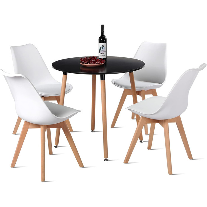 Комплект обіднього столу з 4-ма сірими стільцями | 5-ти частинний обідній набір | Обідня група для вітальні, кухні, їдальні | Сірі стільці (білі стільці, чорний стіл)