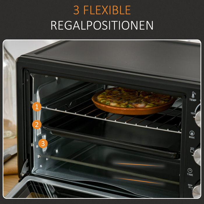 HOMCOM міні-піч 21л, 3 режими приготування, 100°C-230°C, 1400W, нержавіюча сталь та скло, чорний+срібний, 46,4x38x28,5 см | Aosom