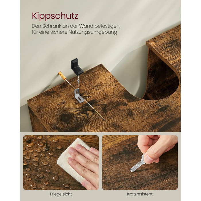 Підставка під раковину VASAGLE, шафка для ванної кімнати, 60 x 30 x 63 см, шафка для ванної, комод для зберігання з 2 дверцятами-решітками, з регульованою полицею, вінтажний коричневий BBK04BX