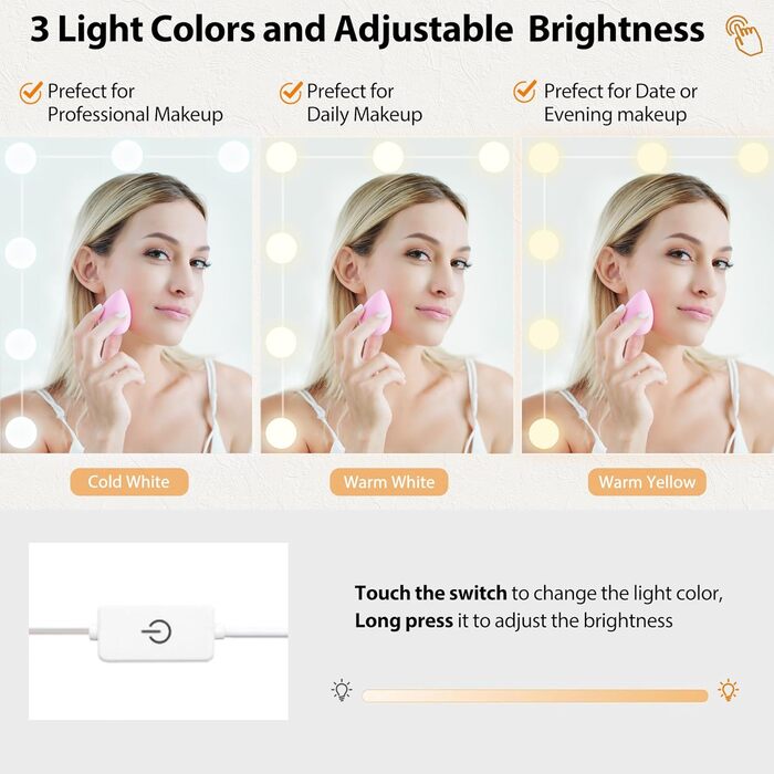 Великий туалетний столик ANWBROAD з регульованою LED-підсвіткою 3 кольорів та розеткою. Сучасний туалетний столик з дзеркалом, 7 ящиків, білий, 140x110x40 см. Модель BDT83W