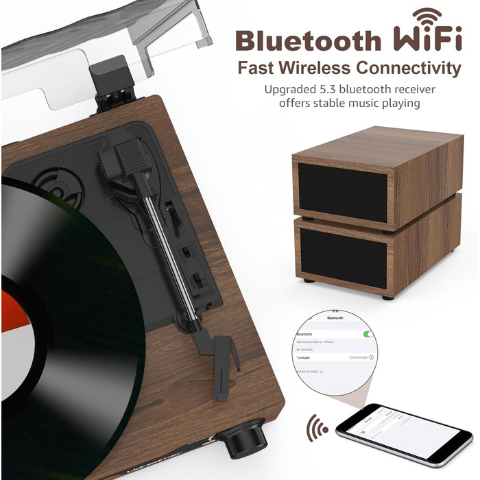 Вініловий програвач Udreamer з Bluetooth 5.3, подвійними стереодинаміками, 3 швидкості, AUX, RCA, USB, бездротове відтворення, вінтажний дизайн, колір кава