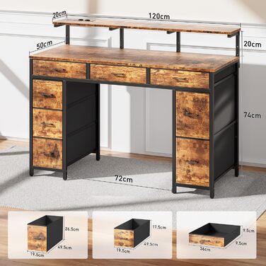 Комп'ютерний стіл з 8 висувними ящиками, 2 розетками, USB-портами, LED-підсвічуванням та підставкою для монітора, 120 x 50 x 74 см, Колір: Коричневий