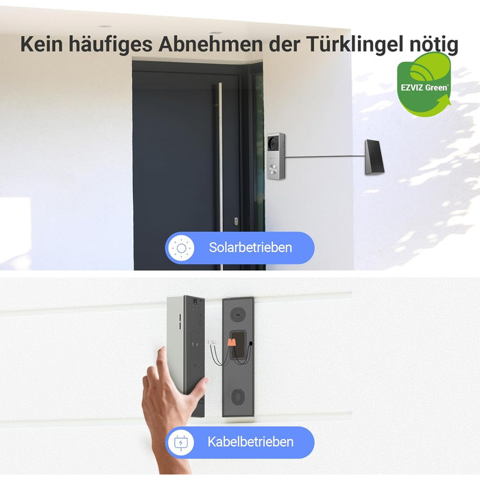 Відеодзвінок EZVIZ CP3 Pro з акумулятором та Chime CH1, бездротовий, з камерою, розпізнавання людей, 2K, кольорове нічне бачення, двосторонній аудіо, 8GB eMMC, комплект з дзвінка, сонячна панель