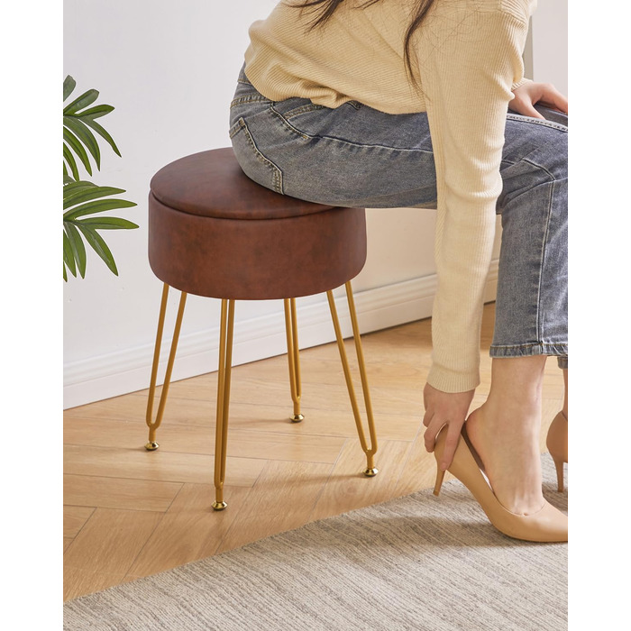 Пуф-табуретка з велюру IBUYKE, кругла, з металевими ніжками, коричневий, для дому