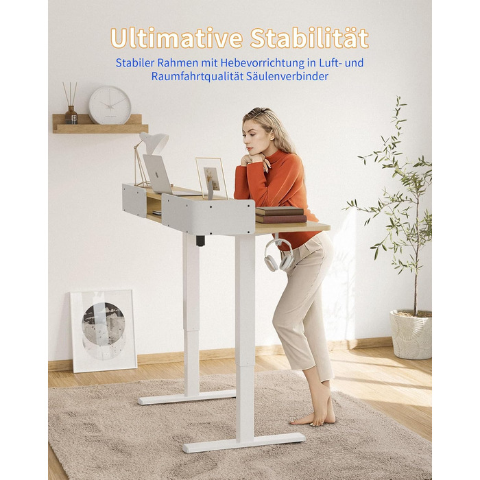 Електричний стіл YIHAYO з висувними ящиками та підставкою для монітора 120x60 см, регулювання висоти, пам'ять, Natural White, Natural поверхня