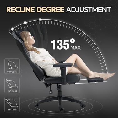Ігровий крісло Dowinx з масажем та підігрівом, дихаюча спинка, регульована підставка для ніг, підтримка спини та шиї, чорно-білий