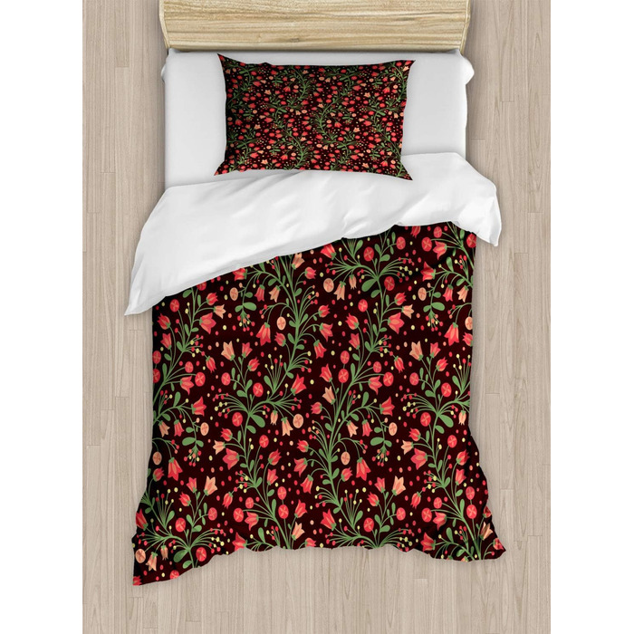 Набір ботанічних підковдр ABAKUHAUS Двоспальне ліжко, квітучі гілки Пишна, м'яка форма Найвища якість Підковдра з 2 предметів з 1 наволочкою, 170 x 220 см - 75 x 50 см, папороть зелена темно-коралова