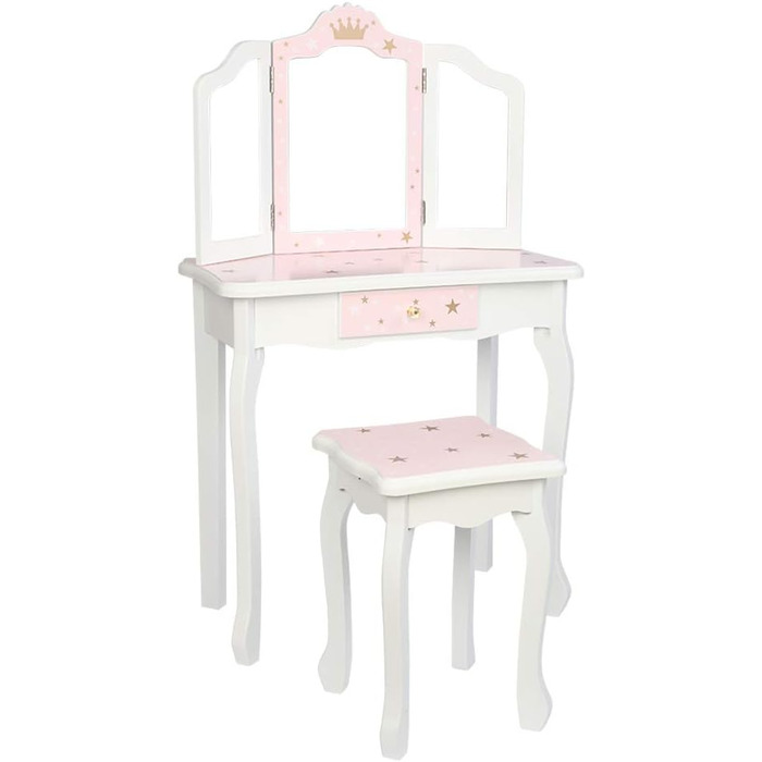 Дитячий туалетний столик LEADZM з пуфом для дівчаток, з двома дзеркалами 180°, комод з шухлядою, для дітей 3-9 років (білий & рожевий)