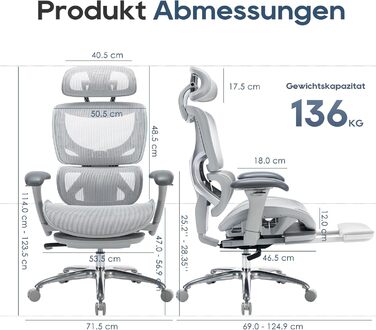 Органічний офісний крісло Colamy з підніжкою, 3D-підлокітниками, підголовником, підтримкою попереку та дихаючою сіткою – крісло для офісу та дому (Сірий)