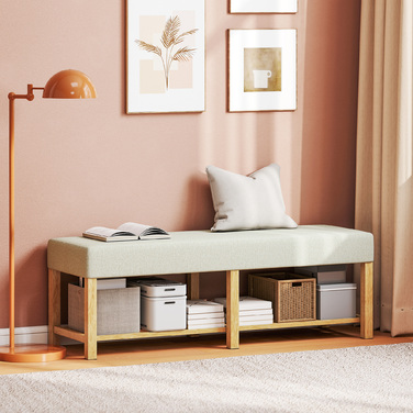 Взуттєва шафа 140 см з масиву дерева, сучасна шафа для передпокою з м'яким сидінням на двох осіб, натуральне дерево та кремово-білий колір