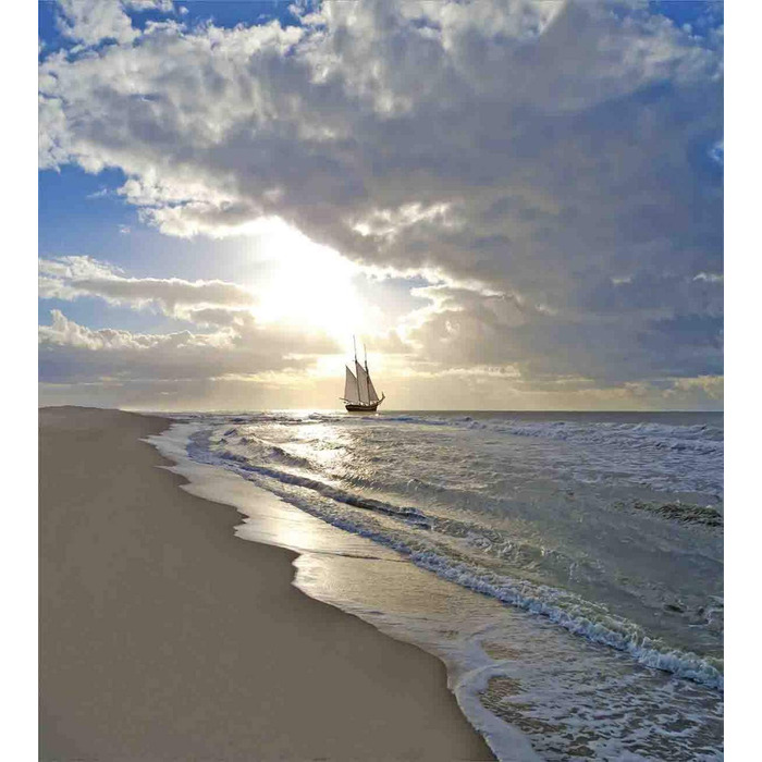 Набір морських підковдр ABAKUHAUS King Size, Sailing Shipt Sunset, Cuddly Shape Високоякісний підковдру з 3 предметів з 2 наволочками, (220 x 220 см - 75 x 50 см, синьо-бежевий білий)