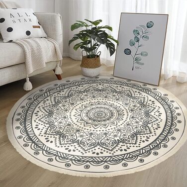 Круглий килим Yomshi Mandala 120 см кремовий бавовняний пензлик бохо миється вінтаж для спальні вітальні