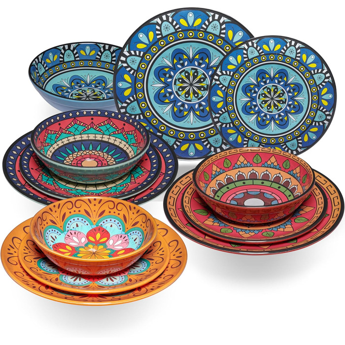 Набір посуду з меламіну Тоскана Пастель (16 частин) - BUNT, з мандала-орнаментом. Підходить для миття в посудомийній машині. Ідеально для кемпінгу, подорожей, пікніків та вечірок на природі. Включає: тарілки, миски, чашки з нержавіючої сталі.
