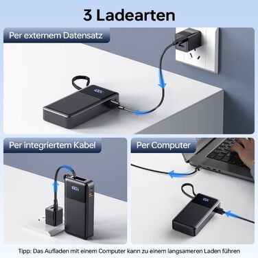 Швидка зарядка 30 Вт, компактний, LED-дисплей, чорний, 20000mAh, USB-C/A