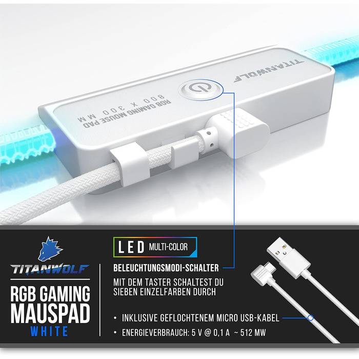 Кисмет TITANWOLF XXXL RGB килимок для миші – 1200 x 600 мм, LED, 7 кольорів, 4 режими, для геймінгу, гумовий, миється (білий)