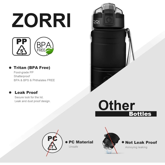 Спортивна пляшка для пиття ZORRI об'ємом 1 л, 700 мл, 500 мл, 400 мл без бісфенолу А, пляшка для води, придатна для газування, герметична, Еко-спортивна пляшка