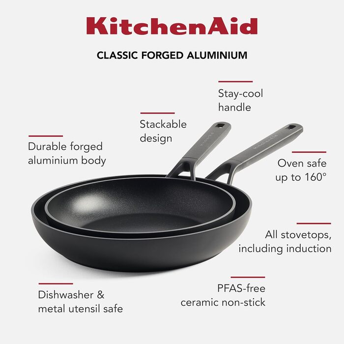 Сковорода KitchenAid 28 см Classic з антипригарним покриттям, алюміній, індукція, до 160°C, для посудомийної машини, ергономічна ручка