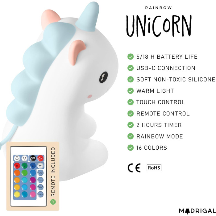 Нічник Unicorn - USB-C, пульт дистанційного керування, силікон, з можливістю затемнення, таймер, синій