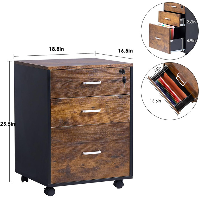 Шафа для документів на колесах SogesHome, мобільний контейнер для офісу, 3 висувні ящики, білий, з замком, для дому та офісу (Вінтаж)
