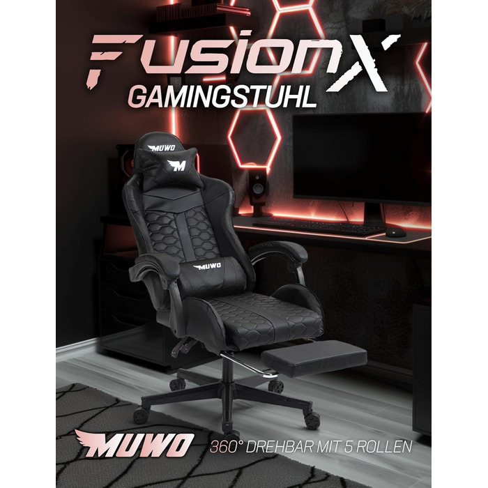 Ігрове крісло MUWO FusionX з підставкою для ніг, регульовані, знімні подушки, поворот на 360 (білий)