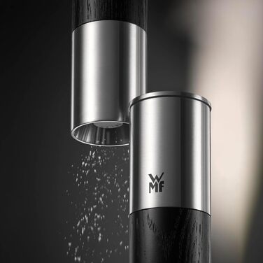 Мельниця для спецій WMF Nature Pro: сіль та перець, керамічний млин, регулювання помелу, арома-кришка, нержавіюча сталь та дерево, чорний колір
