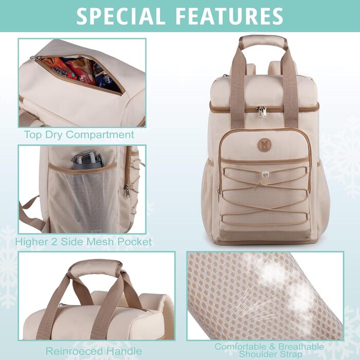 Ізольований рюкзак-холодильник з м'яким ручками – велика місткість, для пляжу, кемпінгу, пікніка, риболовлі та походів (бежевий)