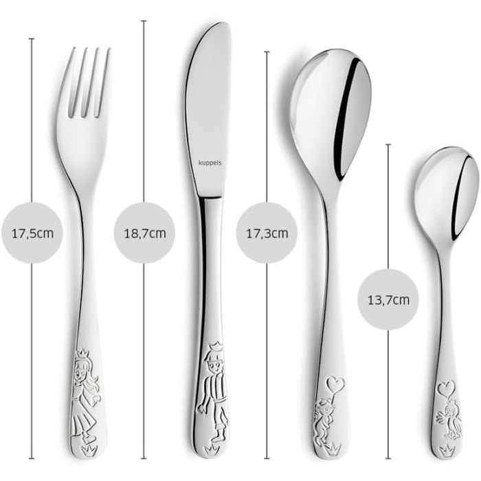 Набір дитячого столового прибору Kinderbesteck Set 4-teilig з мотивом - персоналізований дитячий столовий прилад з гравіюванням імені на ніж, виделку, ложку та чайну ложку – індивідуальний подарунок на народження, хрещення, день народження (Казка)