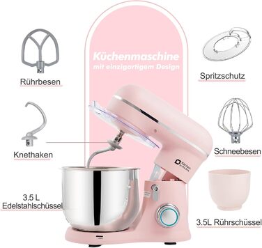 Кухонна машина Kitchen in the Box (Рожева) з двома чашами 3.5L, 10 швидкостей, з міксером та гаком для тіста