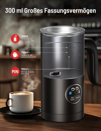 Електричний спінювач молока PARIS RHÔNE 4-в-1, 300 мл, індукція, антипригарне покриття, бездротовий, для гарячого та холодного молока (чорний)