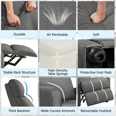 Крісло-релакс Yaheetech з регульованим нахилом, штучна шкіра, для вітальні, спальні, домашнього кінотеатру (сірий)