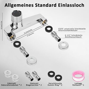 Змішувач для ванни з термостатом та двома виходами, душова лійка з запобіжним клапаном, настінний для ванни та душу, хром