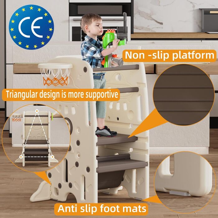 Дитячий навчальний столик-лесенка Gupamiga для кухні, Montessori, 3 рівні, з захистом від перекидання, білий + сірий (коричневий)