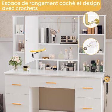 Дзеркальний туалетний столик Belife з підсвічуванням та 7 висувними ящиками, розеткою та 3 кольорами світла для спальні V5