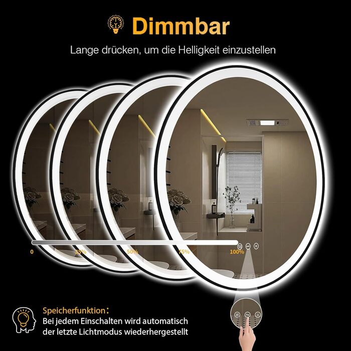 Дзеркало кругле PESENXAN 70см з підсвічуванням та чорним каркасом. Антизапарник, регулювання яскравості, 3 кольори світла, LED, сенсорне управління, функція пам'яті. Розміри: 70x70 см