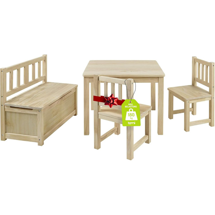 Дитячий меблевий набір Bomi Anna: стіл, 2 стільці та лавка-сховище | Меблі для дитячої кімнати з FSC сертифікованого дерева | Білий (натуральний)