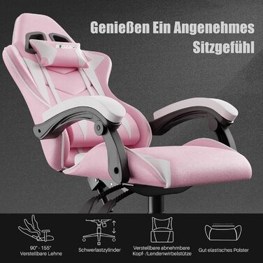 Ігровий крісло Bigzzia Ergonomiczne - ігровий сідло з подушкою для попереку та підголівником, 90-135° спинка, ігровий стілець для ПК, геймерський стілець для дорослих, дівчаток та хлопців, рожево-білий