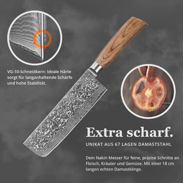 Японський ніж Wakoli EDIB Pro Nakiri з дамаської сталі (серцевина VG10), 18 см - гострий, точний та ергономічний. Ніж з ручкою з паккавуду в подарунковій коробці - для овочів та зелені, срібний.