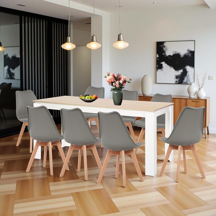 Обідній стіл з 6 стільцями, комплект для їдальні. Дерев'яний стіл 160 см з ніжками дуб/білий та 6 білих стільців. Підходить для вітальні, кухні, офісу.
