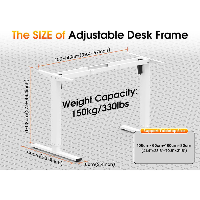 Електричний стіл з регулюванням висоти, металевий каркас з USB-C, пам'ять, антиколізійна система, 2 мотори, білий