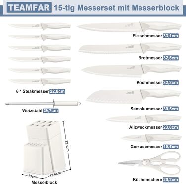 Набір кухонних ножів TEAMFAR з бруском, 15 предметів, нержавіюча сталь, антипригарне покриття