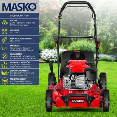Бензиновий газонокосарка MASKO® 5in1 | Ширина косіння 51 см | 8 положень висоти стрижки | 4-тактний OHV двигун 6.0 PS | Об'єм кошика 65 л | В комплекті: комплект для мульчування, боковий викид (ширина 42 см)