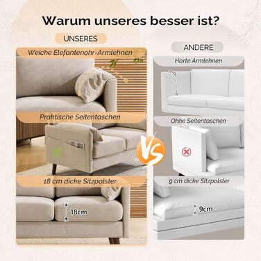 Диван Bonnlo 2-місний, компактний, 125 см, тканинний, бежевий. Зручні підлокітники, для офісу, вітальні, спальні, кабінету. Легка збірка. Льон.