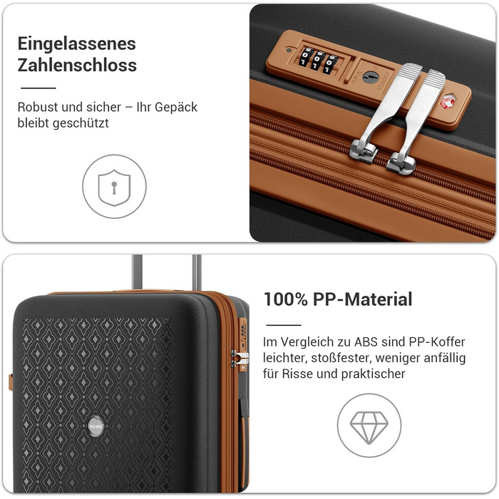 Чемодан ручної поклажі KONO з тримачем для напоїв, жорсткий корпус, легкий, поліпропілен, розширюваний, з 4 колесами та TSA замком (Чорний/Коричневий, M)